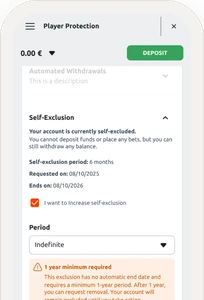 Betano mobile Player Protection screen with the indefinite self-exclusion form.