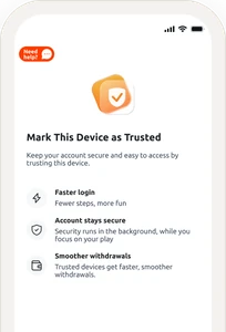Betano mobile screen ‘Mark this device as trusted’, listing faster logins and other benefits.