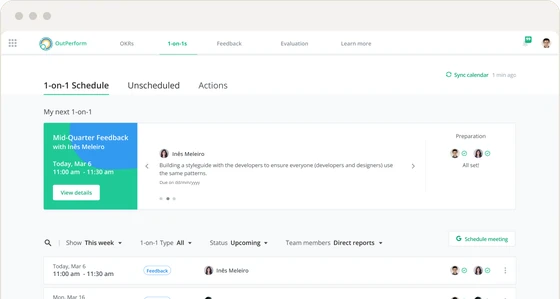 Outperform 1-on-1 schedule in a browser, showing the next 1-on-1 and upcoming meetings.