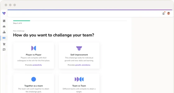 Vaibe challenge builder in a browser: ‘How do you want to challenge your team?’ with four challenge types.